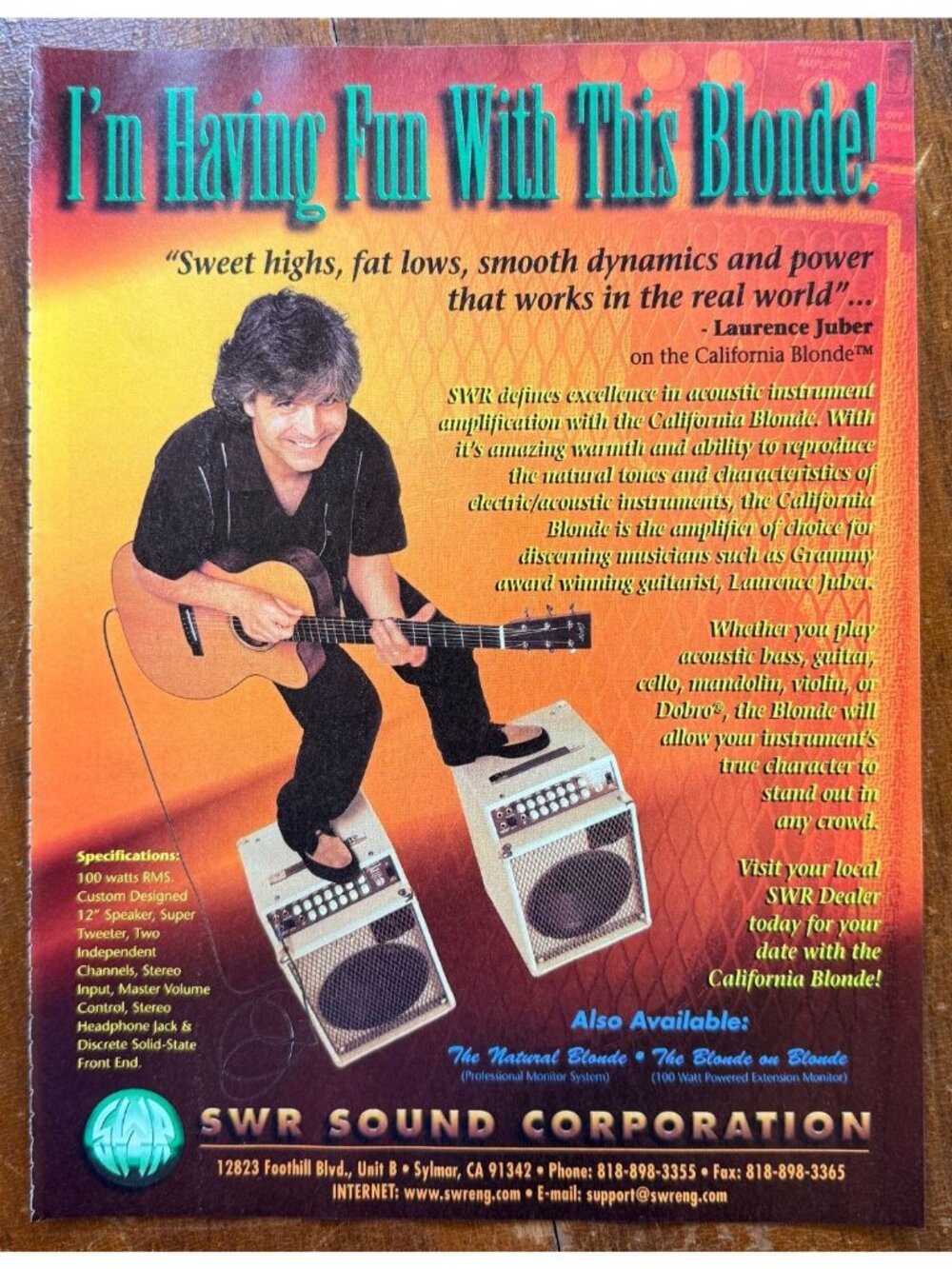 Vintage 1998 Laurence Juber SWR Sound Guitar Magazine Advertisement Print Ad